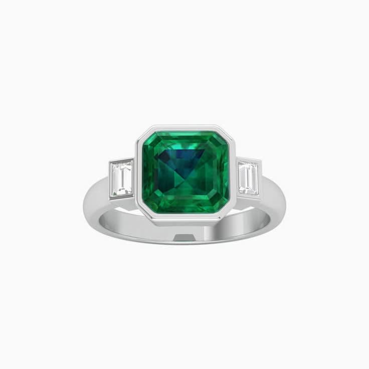 Green Emerald With Baguette Trilogy Ring