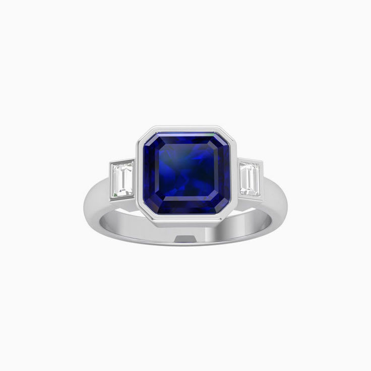 Sapphire Blue With Baguette Trilogy Ring