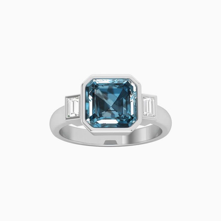 Teal Sapphire With Baguette Trilogy Ring