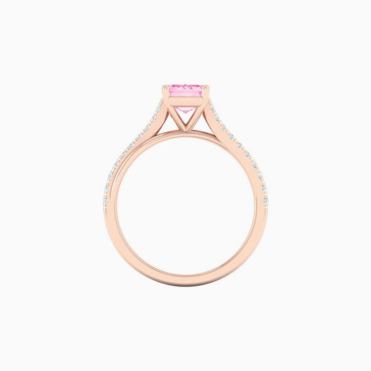 Pink Lab Emerald Cut Diamond Engagement Ring On A Twisted Band