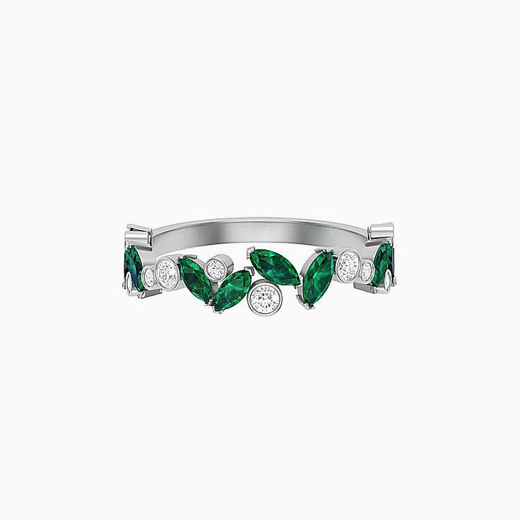 Green emerald with white diamond wedding ring