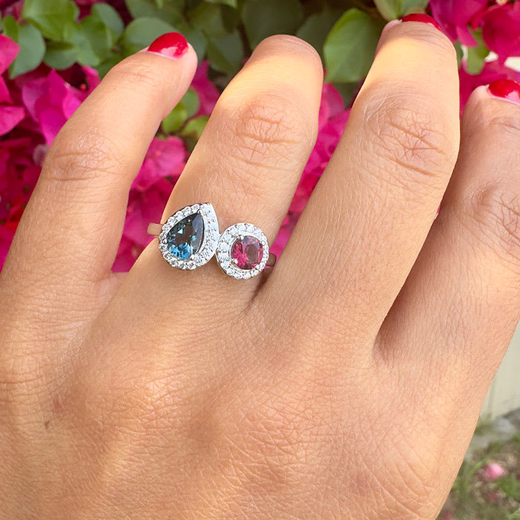 Pink Tourmaline And Blue Topaz With Diamond Ring