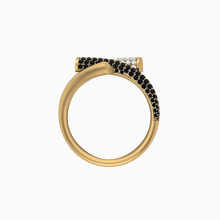 Half crossover ring with black and white diamond