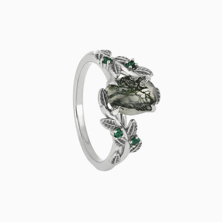 Floral Engagement Ring with Moss Agate