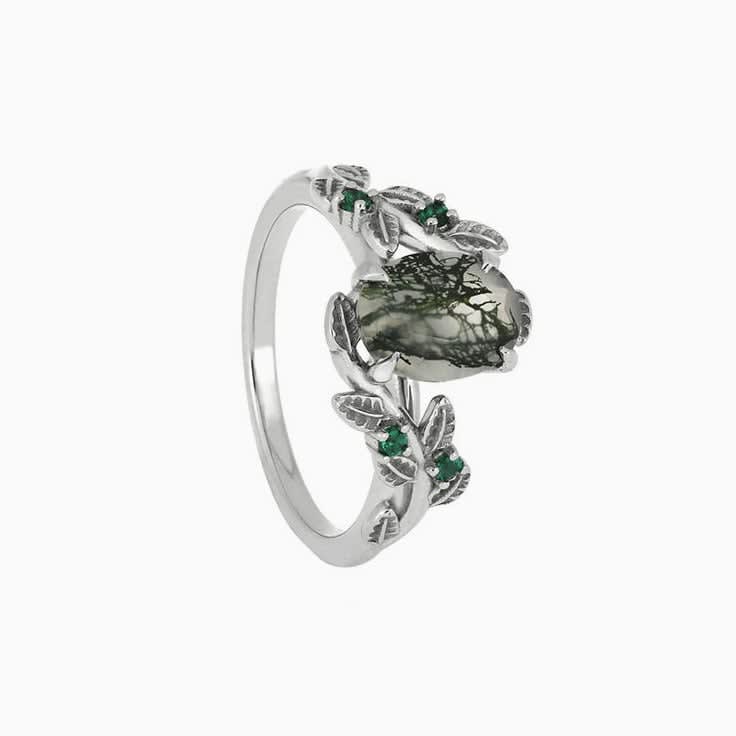 Floral Engagement Ring with Moss Agate