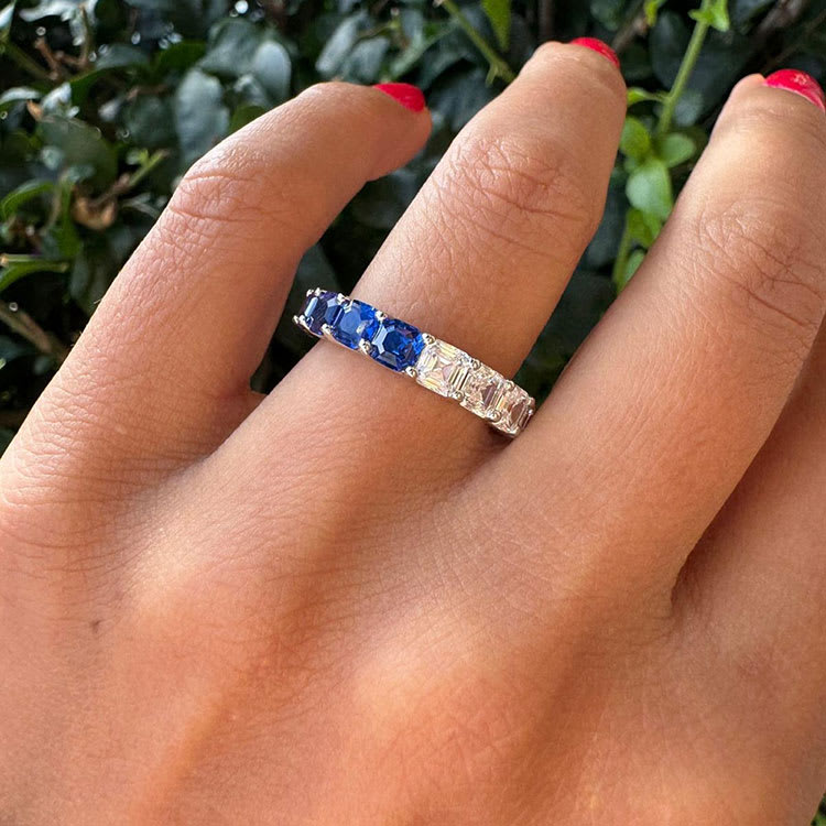 Lab Asscher Cut Diamond And Sapphire Eternity Band