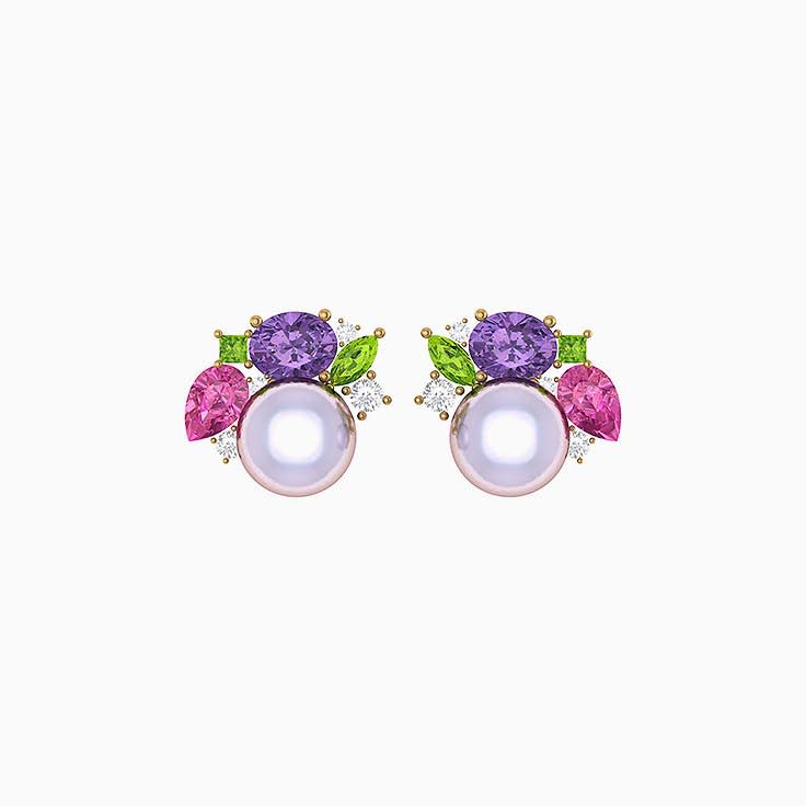 Rainbow gemstones of Tourmaline Amythest Diamond and Akoya pearl earrings