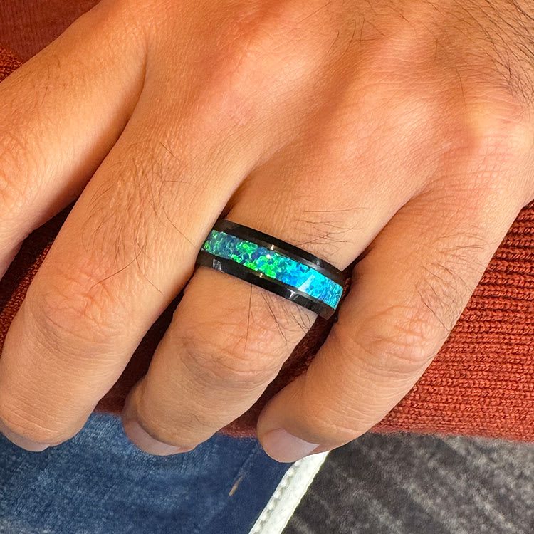 Black Ring With Blue Green Opal