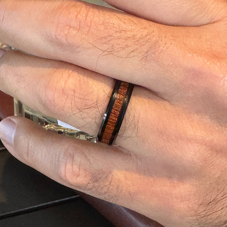Black Ring With Hawaiian Koa Wood Inlay