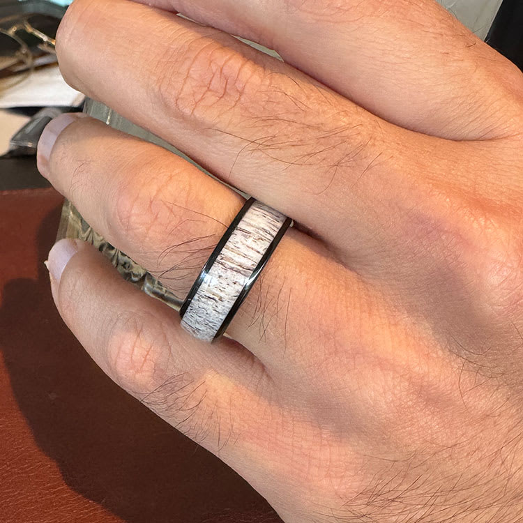 Deer Antler inlay With A Black Dome Ring