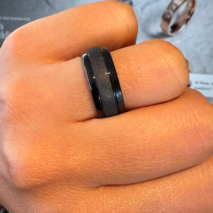 Black Ring In Tungsten With Grooves