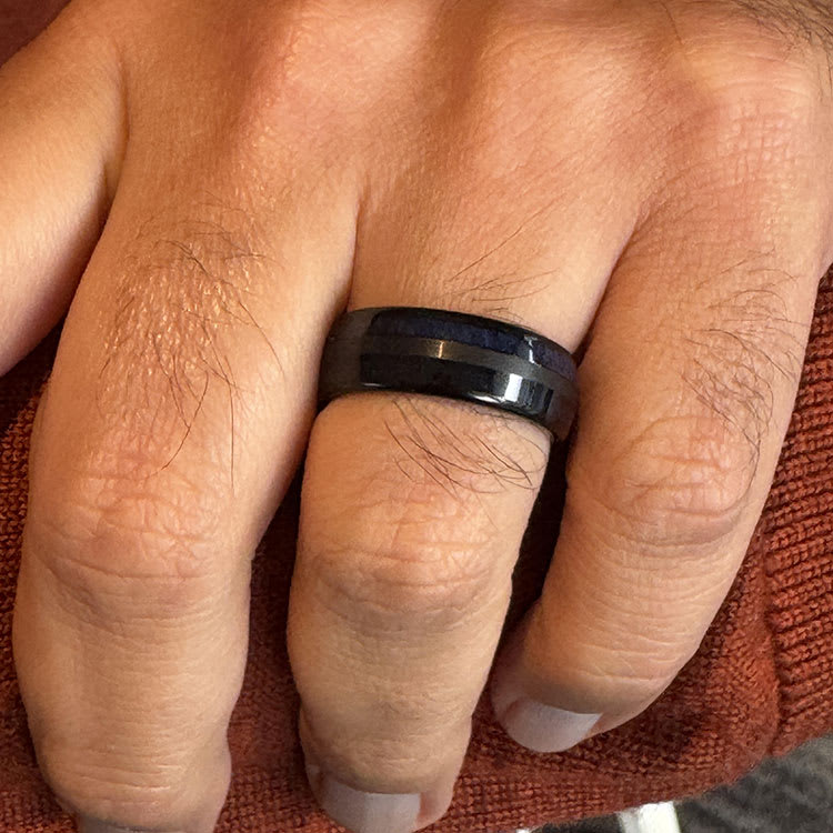 Black Ring With Blue Wood Inlay