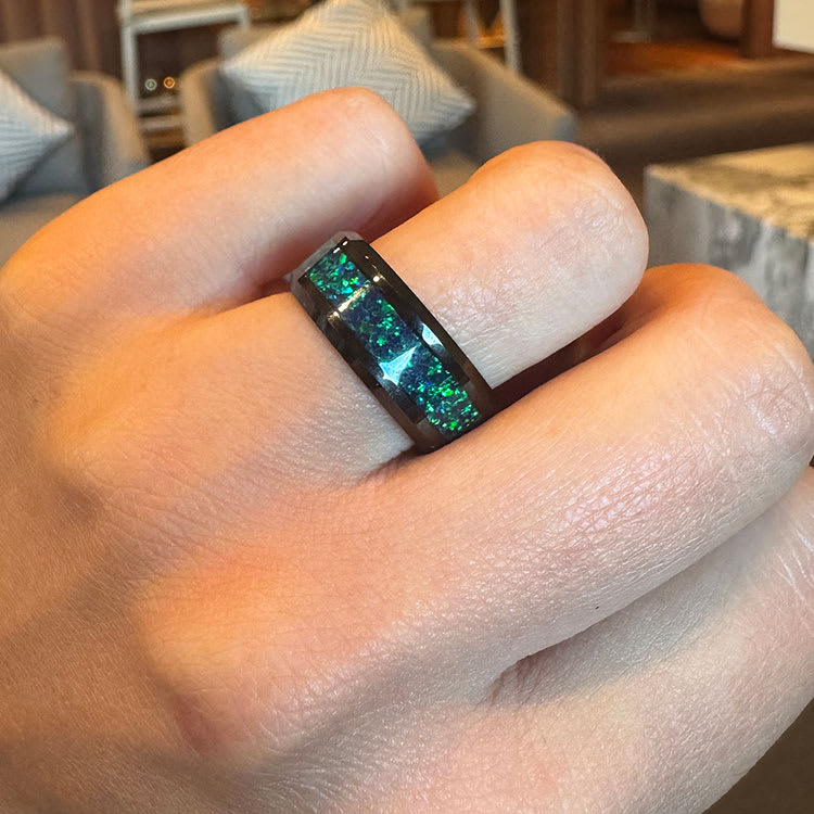 Black Ring With Emerald Green Opal Inlay