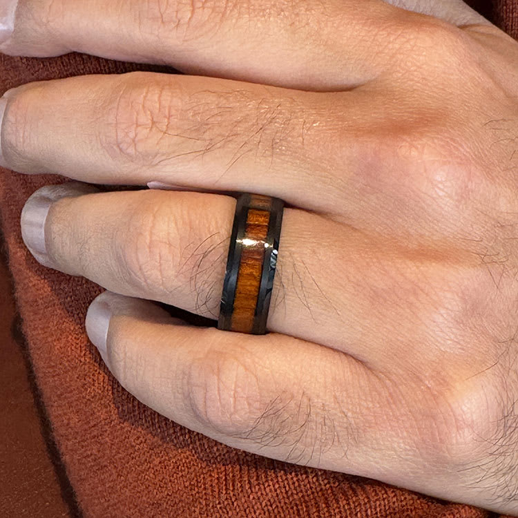 Black Tungsten Ring With Wood Inlay