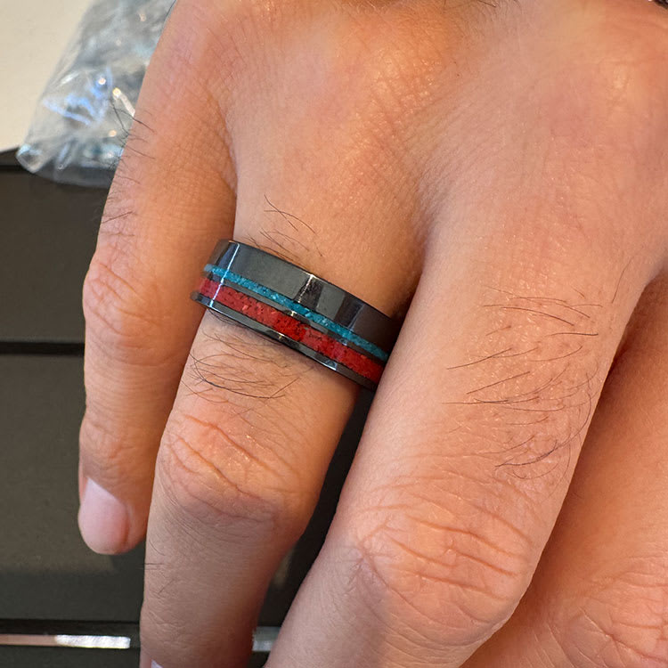 Black Ceramic Ring with Coral And Turquoise Inlays