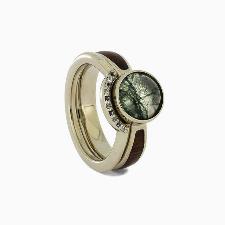 moss agate engagement ring with matching wedding band