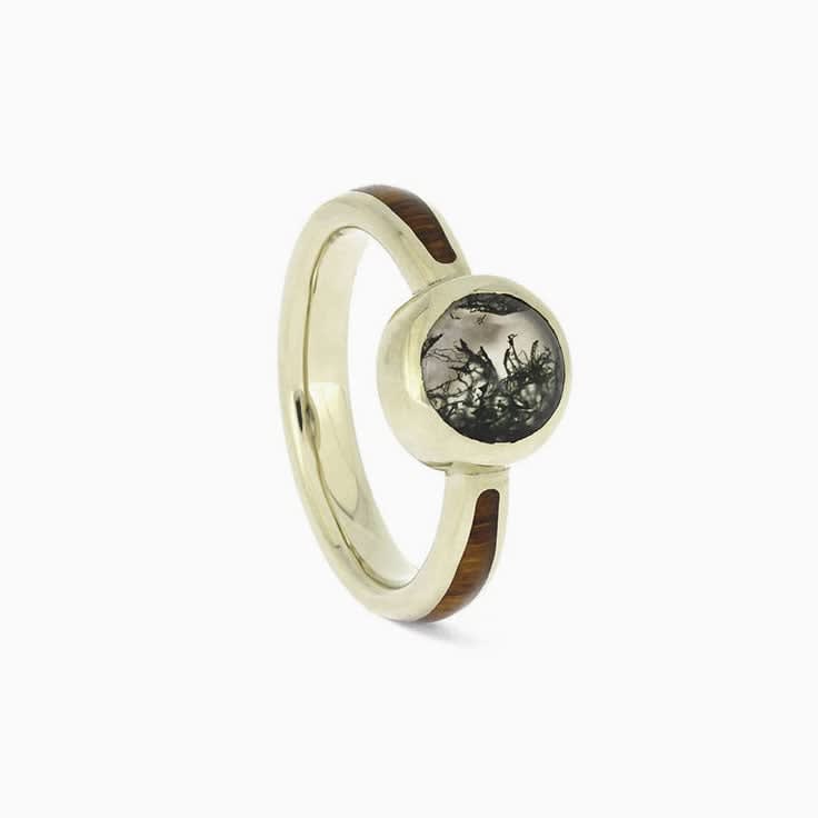 Engagement Ring With Unique Moss Agate Cabochon