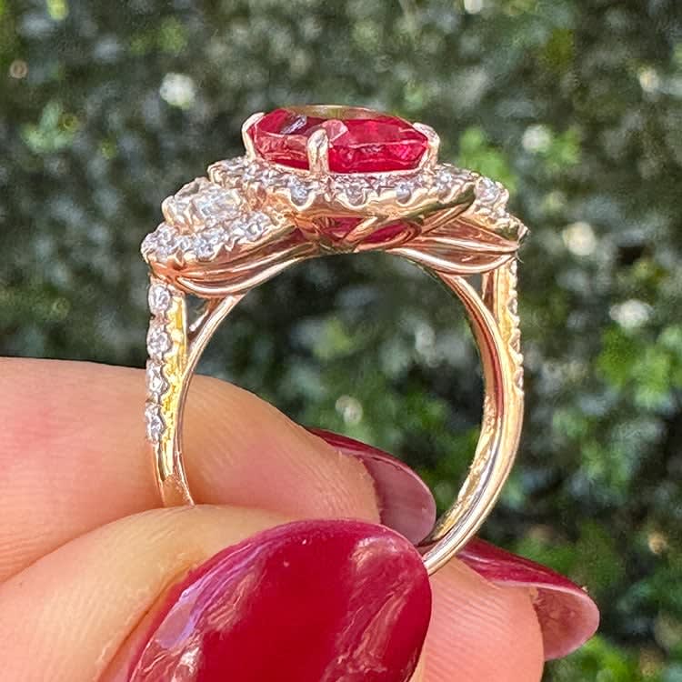 Cushion cut lab Ruby and diamond ring