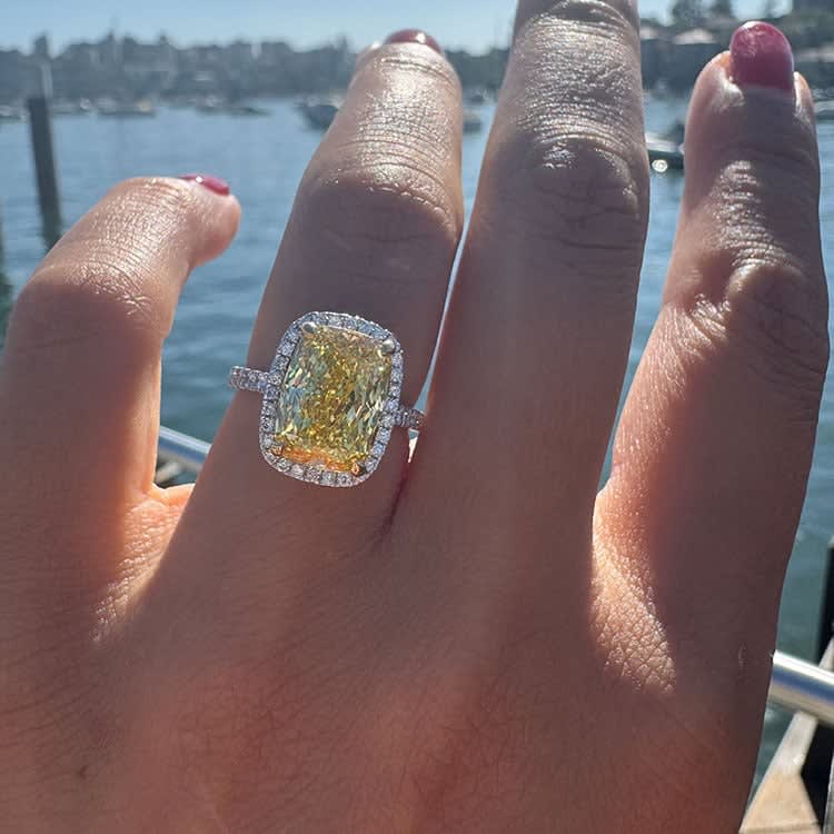 Yellow cushion cut lab diamond engagement ring