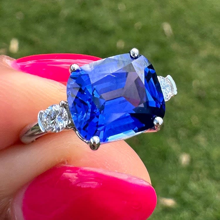 Royal blue lab sapphire set in platinum setting