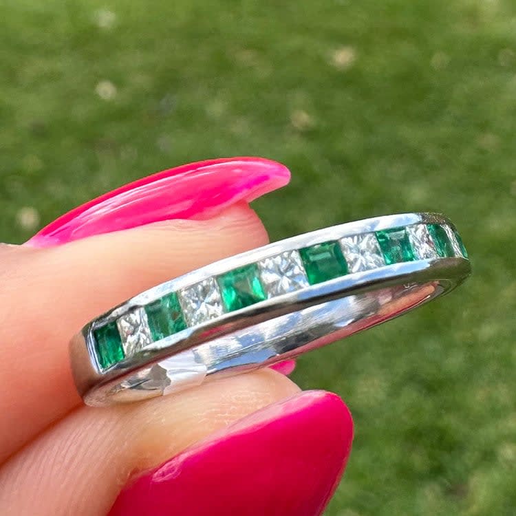 Natural emerald and diamond band