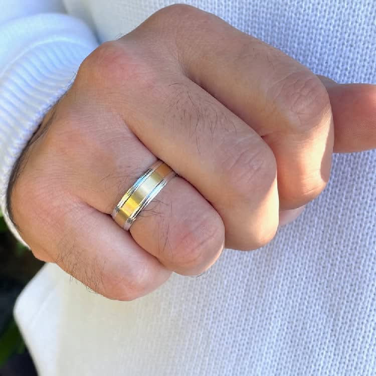 Brushed Finish Dual Tone Mens wedding Ring in 9k