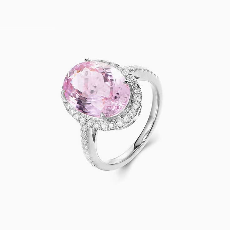 Kunzite Diamond Halo Ring