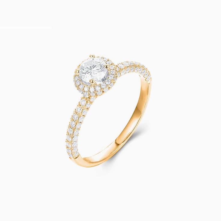 Round Brilliant cut with a 3D halo and Pave Band Engagement ring