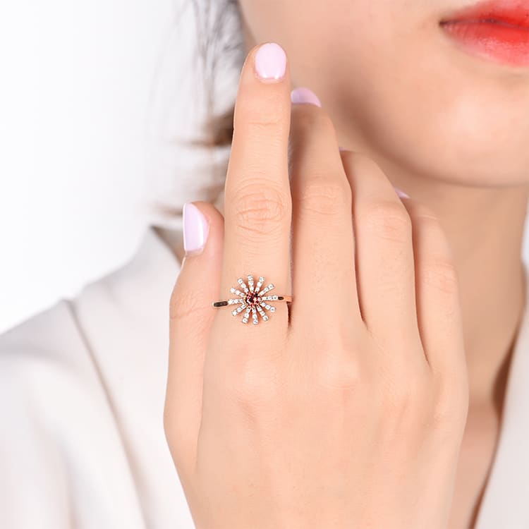 Garnet and Diamond Flower Ring