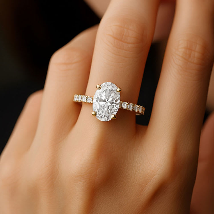 Oval cut engagment ring on a diamond band