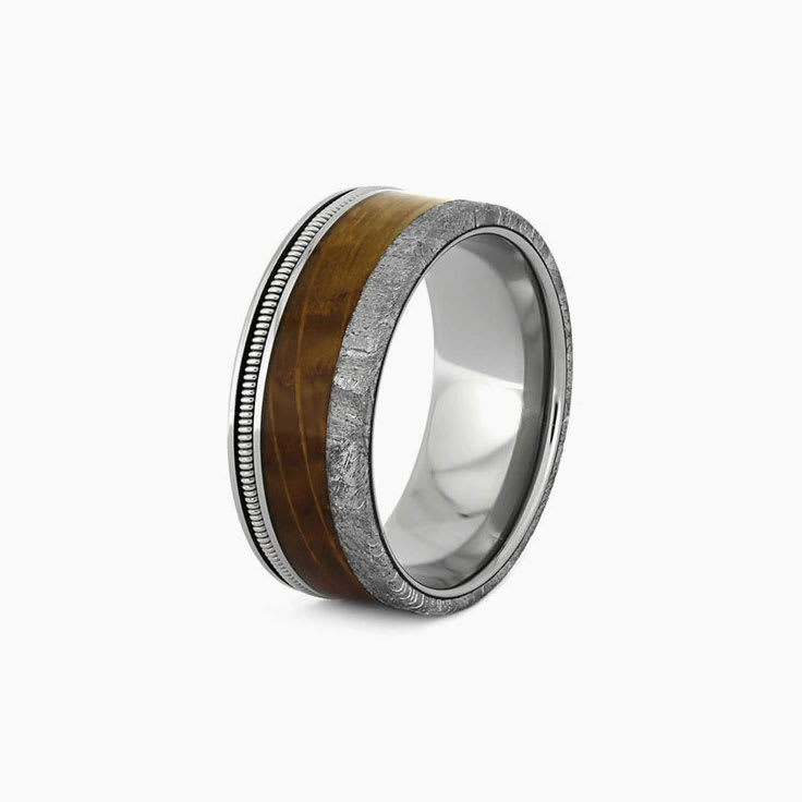 Meteorite Mens Band with whisky barrel and string