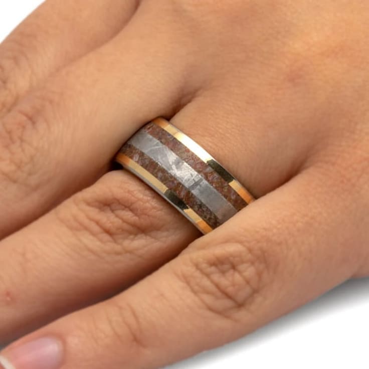 Gold Pinstripes And Whiskey Oak Sleeve Mens Ring With Meteorite