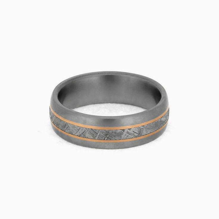 Mens Meteorite Band With Gold Pinstripes