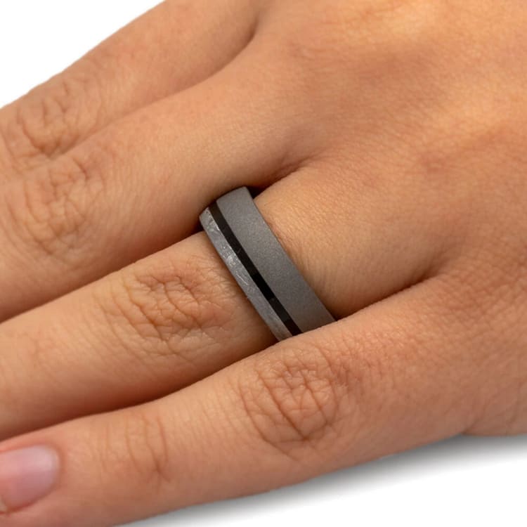 Ebony Wood Sandblasted And Meteorite Mens Wedding Ring