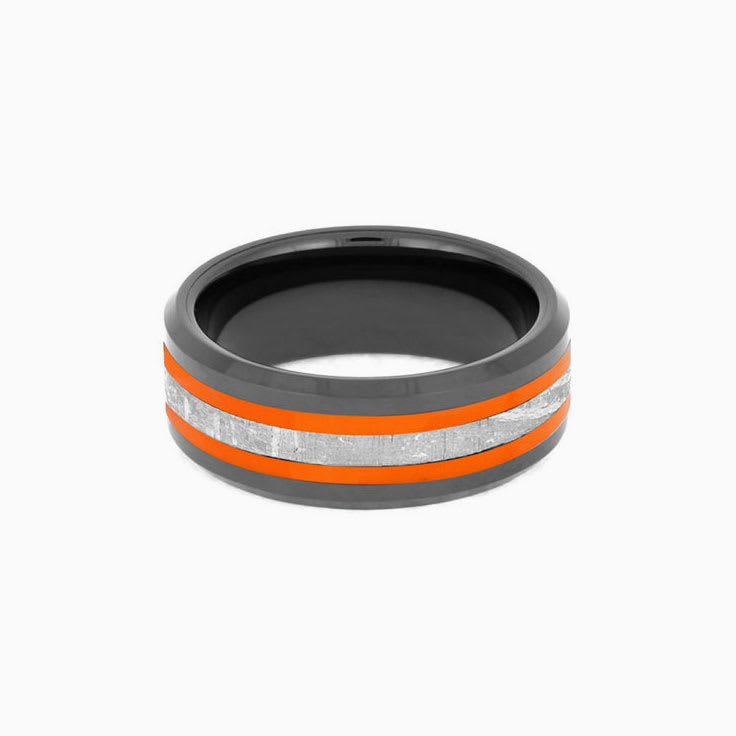 Mens Band With Orange Stripes And Meteorite