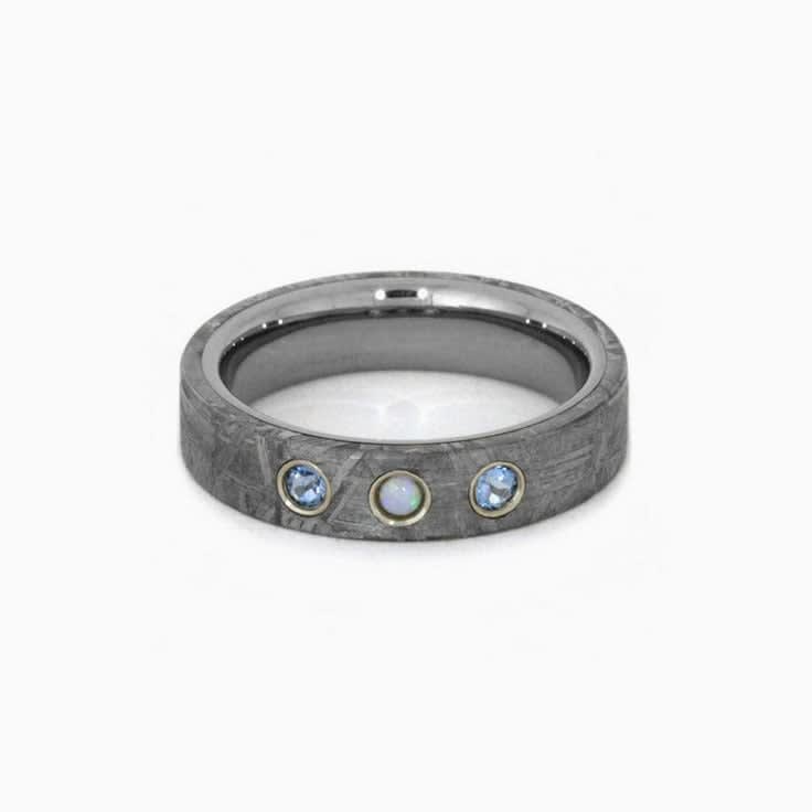 Meteorite And Gemstones Wedding Band