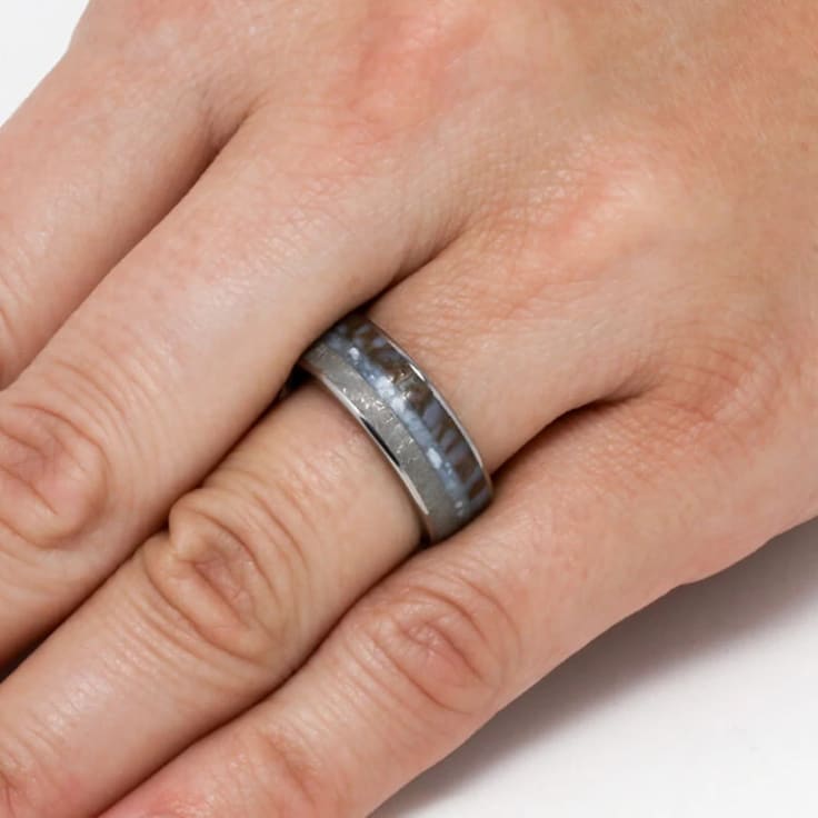 Pearl Mens Wedding Band With Dinosaur Bone Meteorite