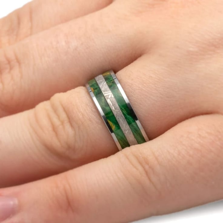 Green Box Elder Burl Meteorite Wedding Band