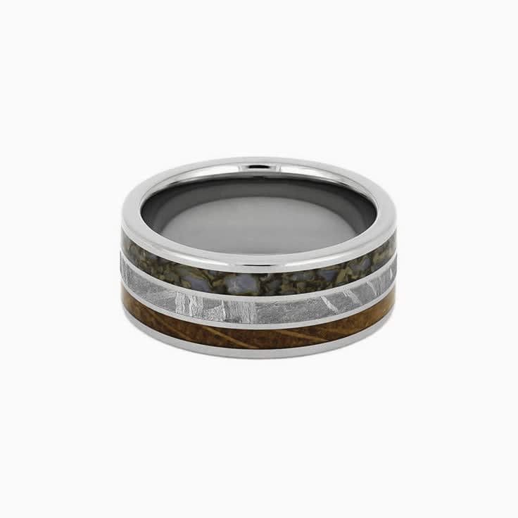 Mens Meteorite Dino Bone Whiskey Oak Wedding Ring